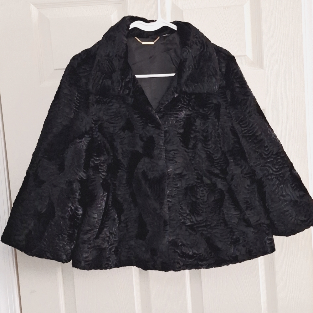 Black Label by Chicos Faux Fur Black  Persian Lamb Swing Short Jacket Size 2 L